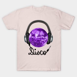 70s Music Purple Disco Ball Headphones T-Shirt